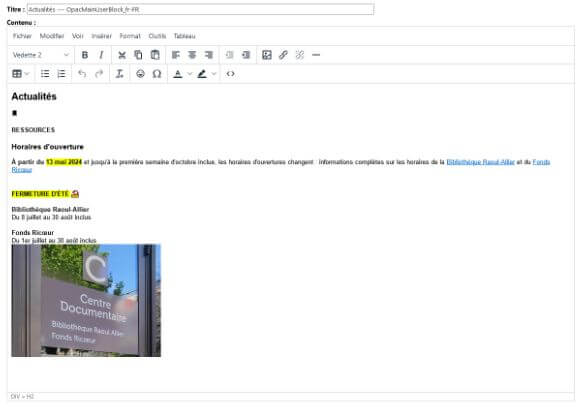 Bloc d'édition de contenu en mode wysiwyg - Administration Koha